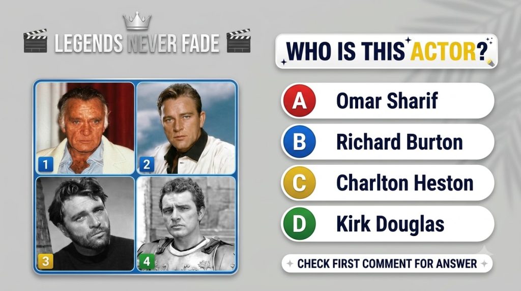 A mobile-friendly quiz interface asking WHO IS THIS ACTOR showing four portraits of Richard Burton at different ages and