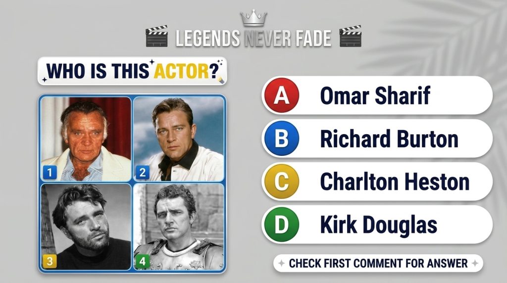 A mobile quiz interface asking WHO IS THIS ACTOR with four portraits of a classic actor at different ages and four multi