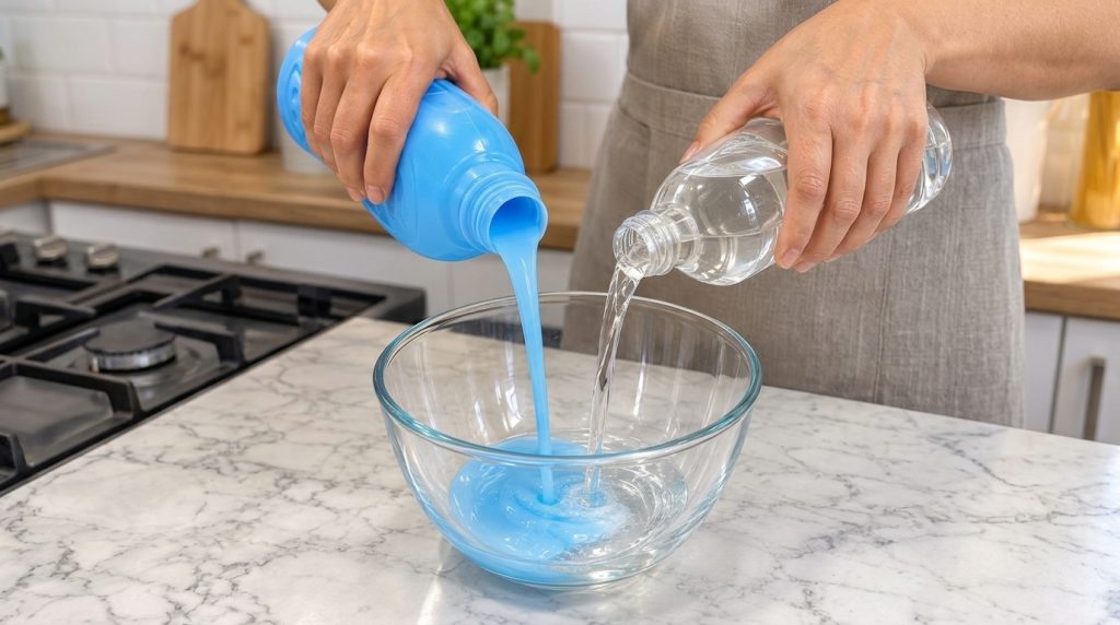 Two hands are pouring a blue liquid and a clear liquid into a clear glass bowl on a white marble countertop creating a s