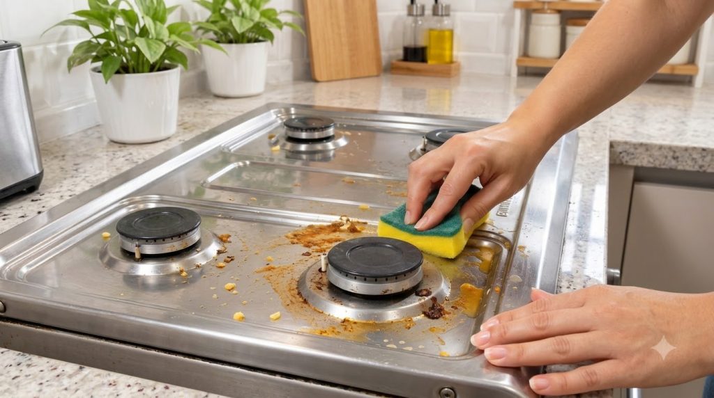 A hand wearing a glove cleans a heavily soiled stainless steel gas stovetop with a yellow and green sponge The stovetop 