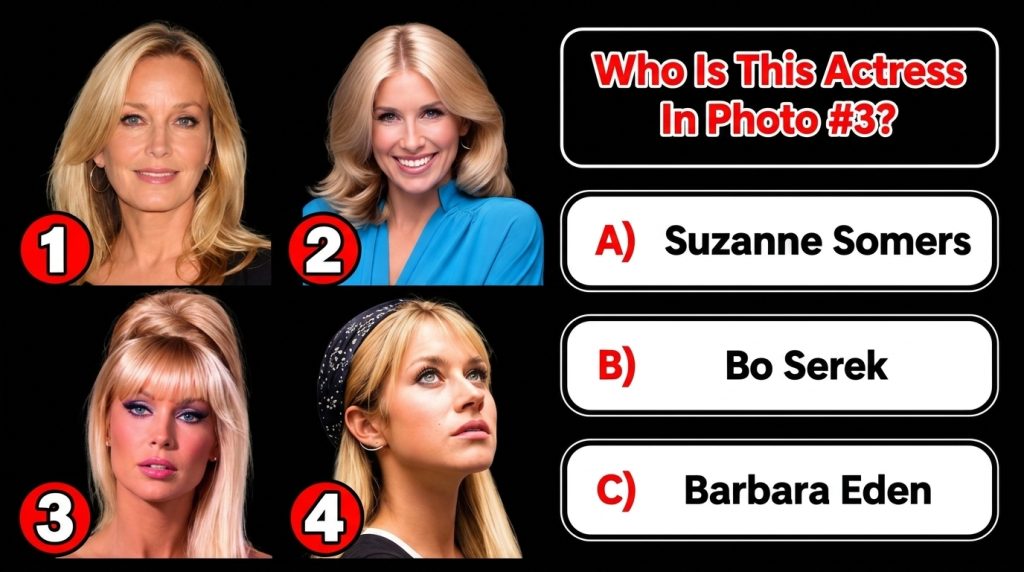 A multiple-choice quiz graphic asking Who Is This Actress In Photo 3 with four headshots of different blonde women inclu