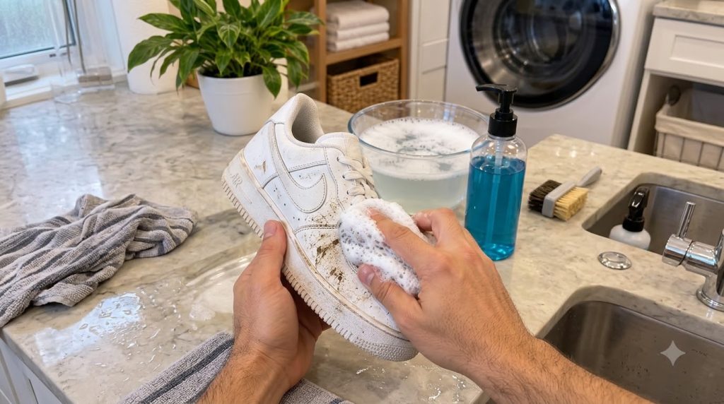 Hands cleaning a dirty white Nike sneaker with a foamy sponge a bowl of soapy water and a blue liquid soap dispenser in 