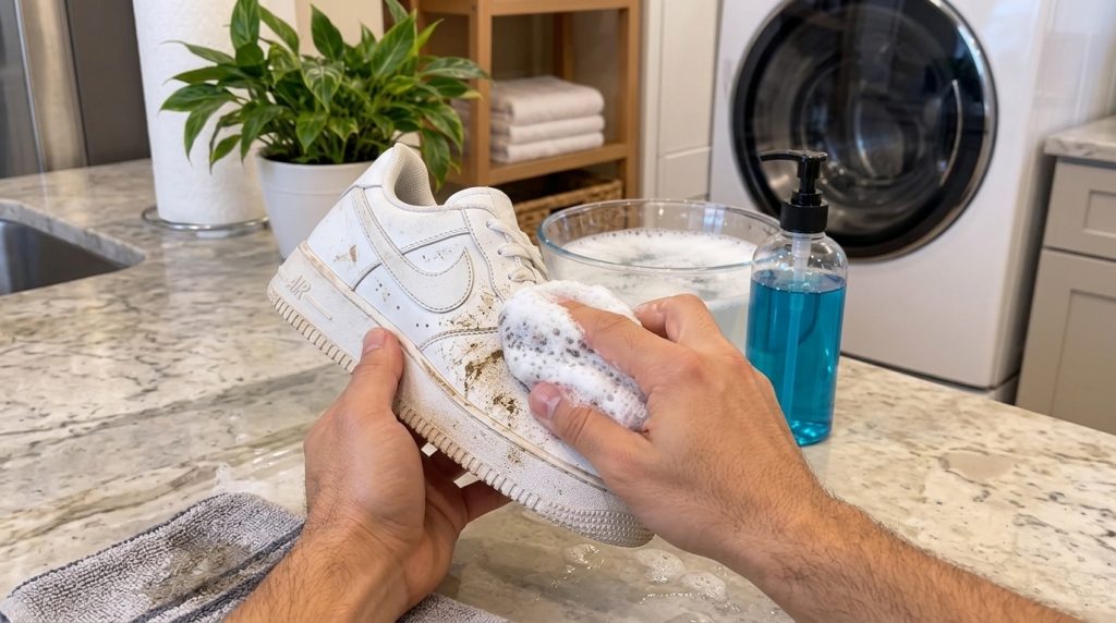Hands cleaning a dirty white sneaker with a foamy sponge in a laundry room setting In the background there s a bowl of s