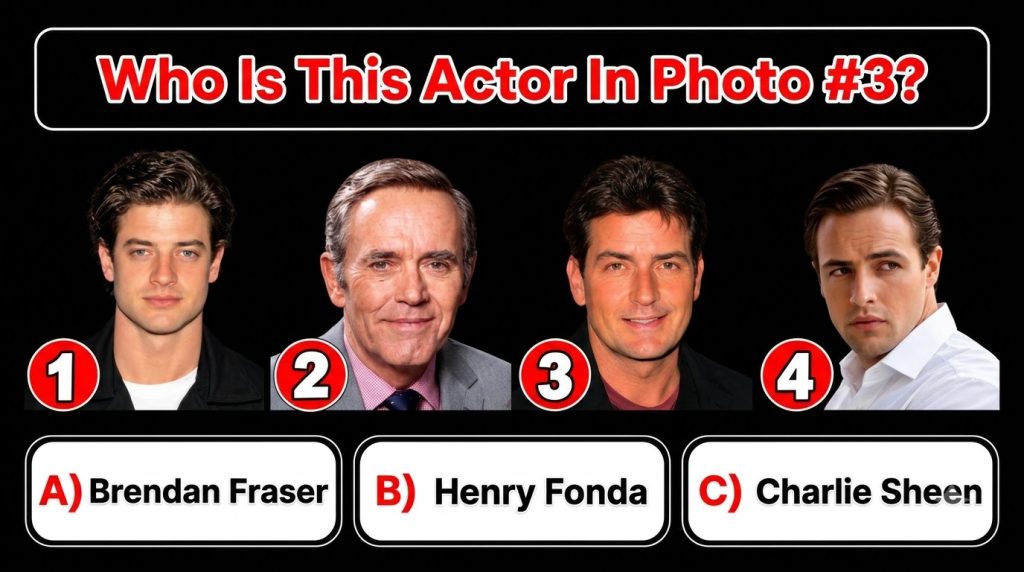 A multiple-choice quiz image featuring four black and white headshots of classic male Hollywood actors with one of them 