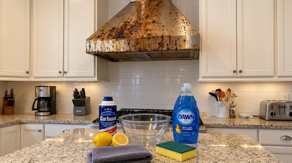 A severely greasy and stained stainless steel range hood contrasted with an array of cleaning supplies Barbasol shaving