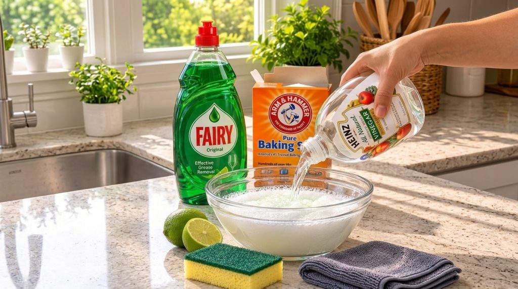 A hand pouring white vinegar into a glass bowl containing a bubbly mixture of baking soda dish soap and lime juice on a