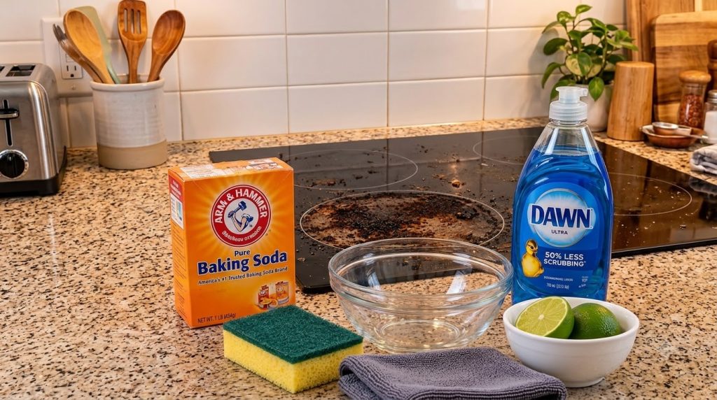 A severely dirty black glass stovetop covered in burnt food and grease with cleaning supplies baking soda dish soap lime