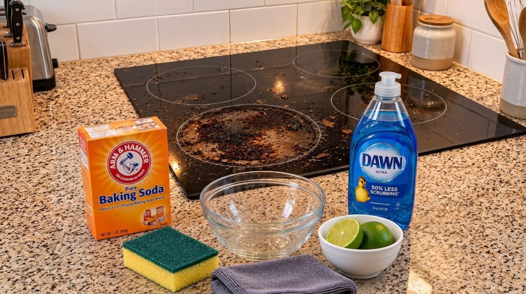 A heavily soiled black glass stovetop with burnt-on food residue surrounded by cleaning supplies including baking soda d