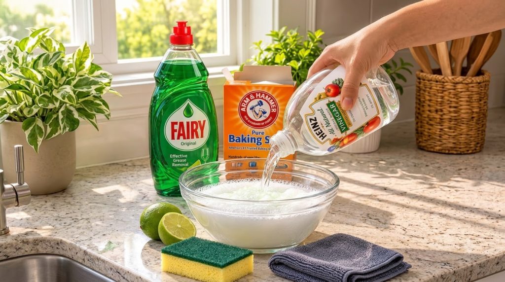 A hand pouring clear vinegar into a glass bowl with a foamy green cleaning mixture surrounded by baking soda dish soap a