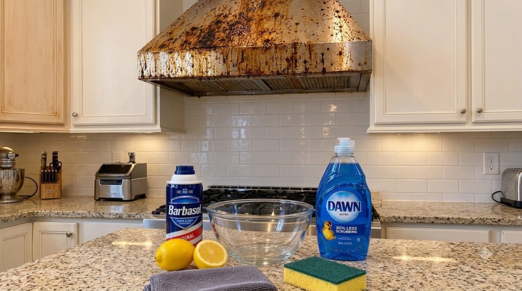 A heavily grease-stained stainless steel range hood above a countertop with Barbasol shaving cream Dawn dish soap two le