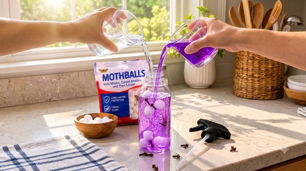 Hands pouring water and purple liquid into a clear spray bottle containing mothballs and cloves