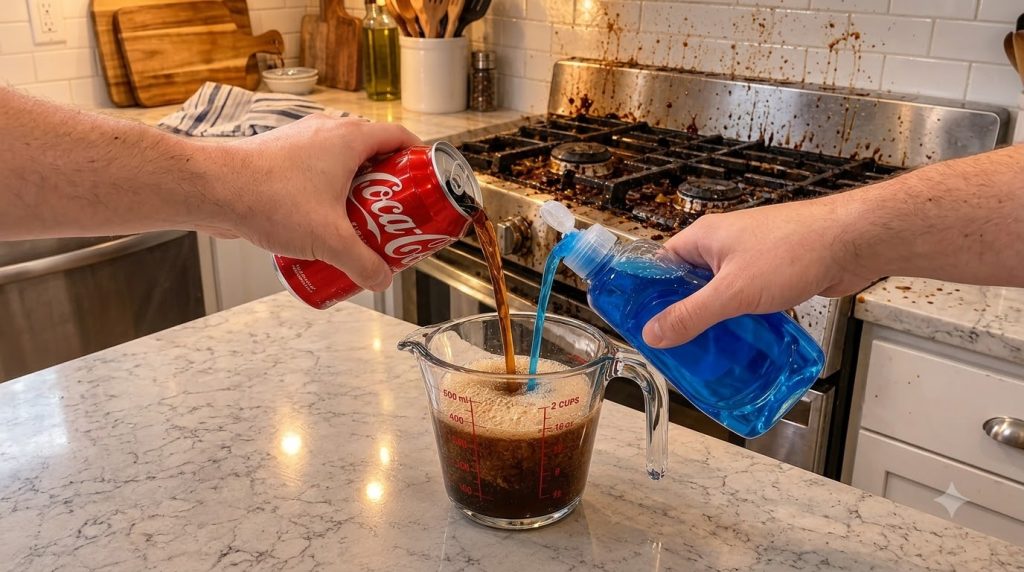 Two hands pouring Coca-Cola and blue dish soap into a glass measuring cup creating a frothy mixture A dirty stovetop is 
