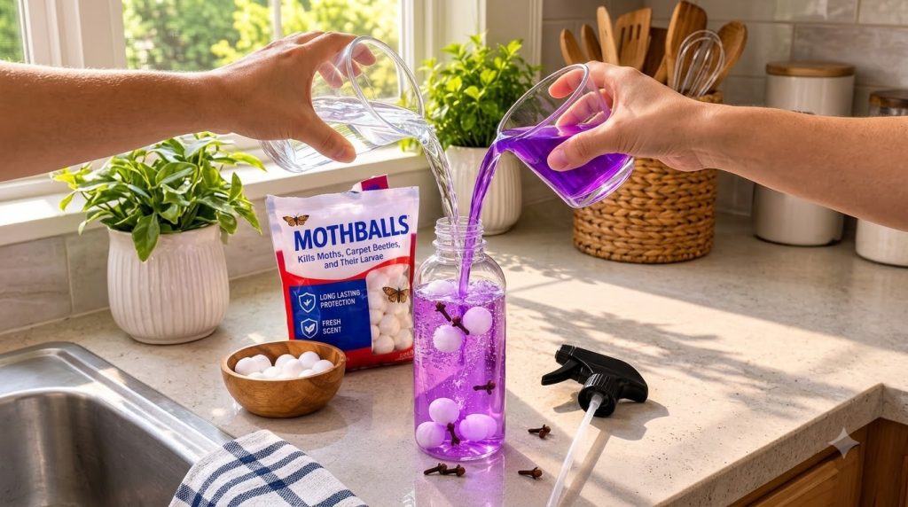 Hands pouring clear and purple liquids into a glass bottle containing mothballs and cloves with a spray nozzle nearby