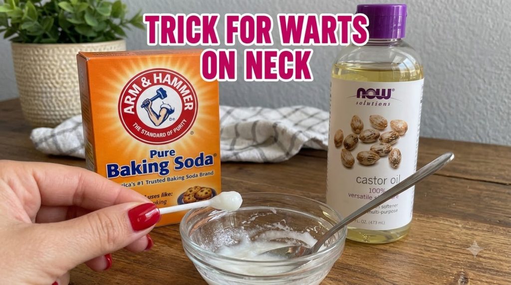 Ingredients for a DIY wart removal paste showing an orange box of baking soda a clear bottle of castor oil and a glass b