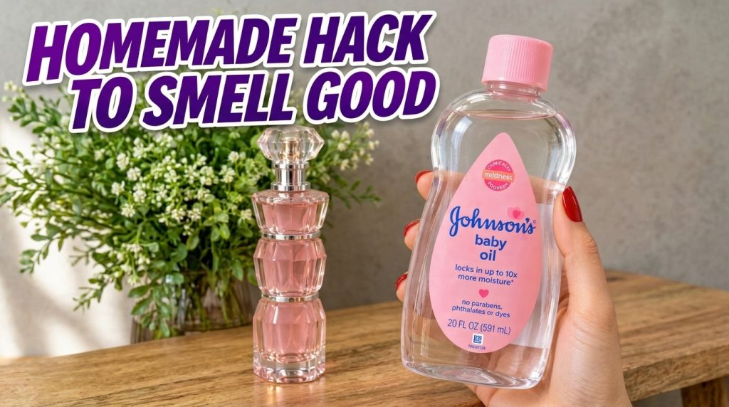 A hand holding a bottle of Johnson s Baby Oil with a pink perfume bottle and green foliage in the background on a light 