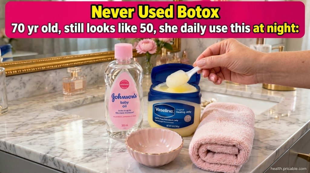 A close-up of Johnson s baby oil and Vaseline Original Healing Jelly on a marble vanity with a hand scooping Vaseline fr