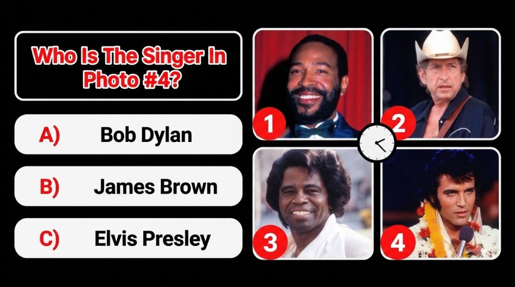 A music trivia quiz image featuring four iconic male singers Marvin Gaye Bob Dylan James Brown and Elvis Presley The que