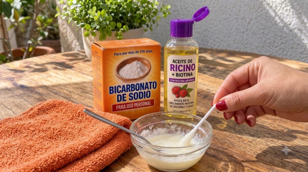 Ingredientes para la mascarilla casera de cejas y pestañas incluyendo bicarbonato de sodio y aceite de ricino con una ma