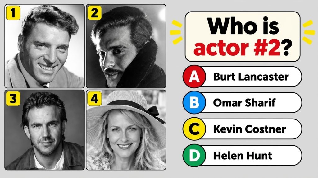 A black and white quiz image showing four classic Hollywood actors headshots in a 2x2 grid with a question Who is actor 