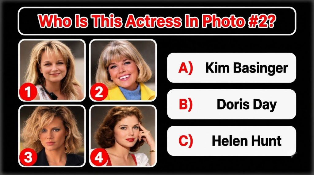 A vertical quiz graphic asking Who Is This Actress In Photo 2 featuring a grid of four headshot portraits of classic Hol