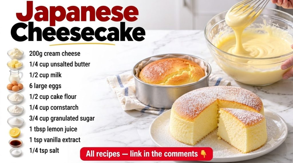 A four-panel collage showing a Japanese cheesecake recipe with the title and ingredients on an orange background a baked