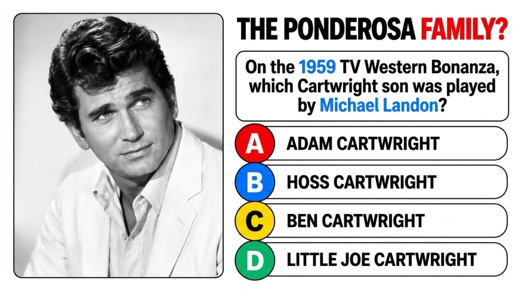 Black and white portrait of a young Michael Landon looking slightly upwards with quiz options below asking about his Bon