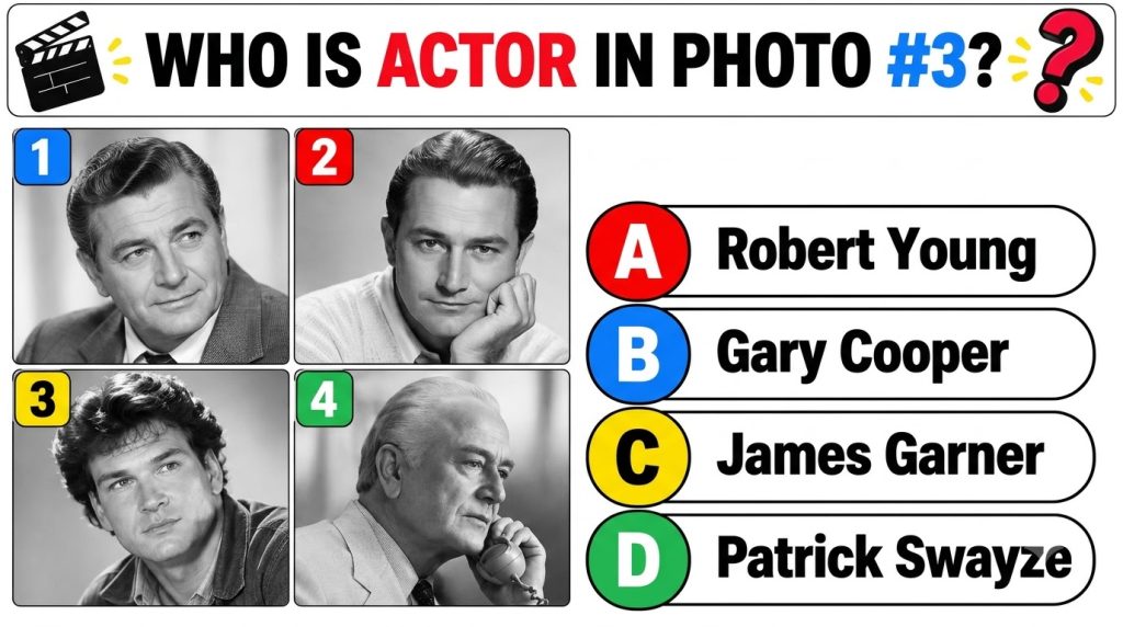 A black and white celebrity quiz image showing four portrait photographs of male actors in a 2x2 grid A bold question as