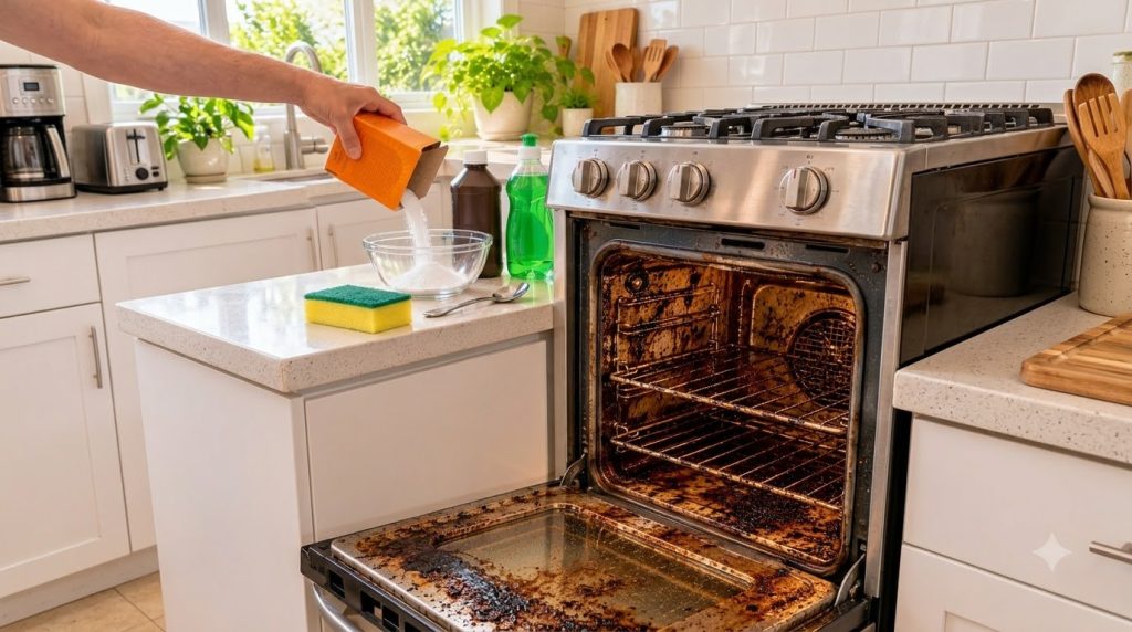 A split image showing a hand preparing cleaning solution in a bowl next to cleaning supplies contrasted with a very dirt