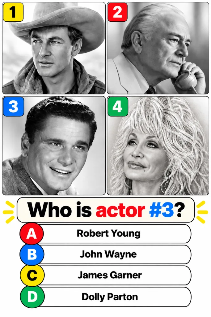 A black and white quiz graphic featuring a grid of four celebrity portraits a man in a cowboy hat Alan Ladd a man on a t