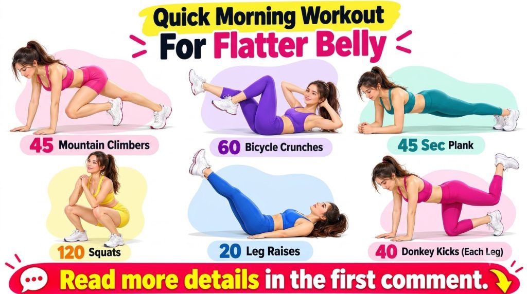 An infographic showing six different exercises for a Flatter Belly workout each demonstrated by a stylized woman in athl