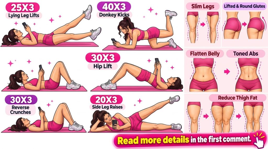 A woman demonstrating various home workout exercises on a pink mat with graphic illustrations of before after body trans