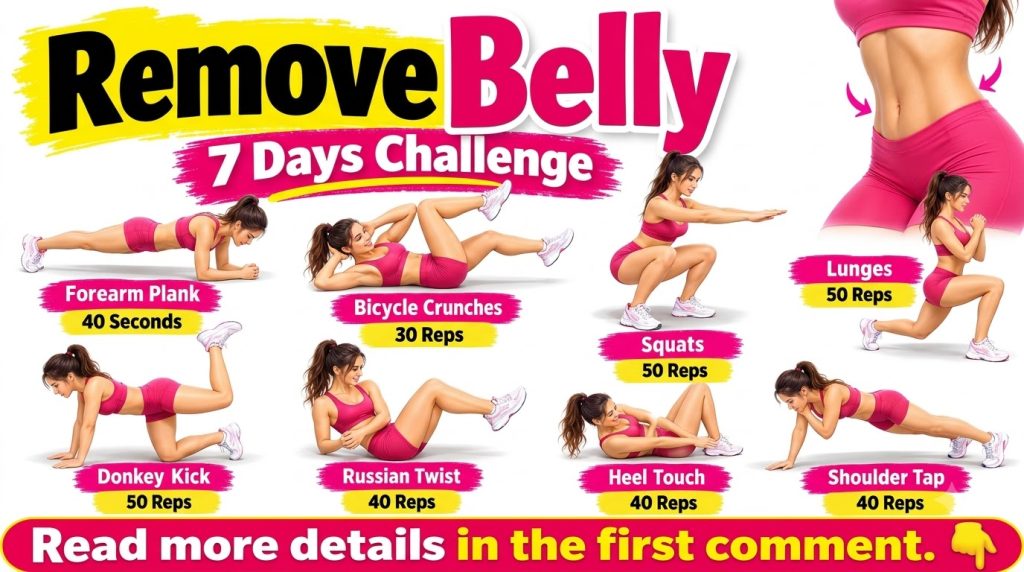A fitness infographic showing a woman demonstrating eight core exercises Forearm Plank Bicycle Crunches Lunges Squats Ru