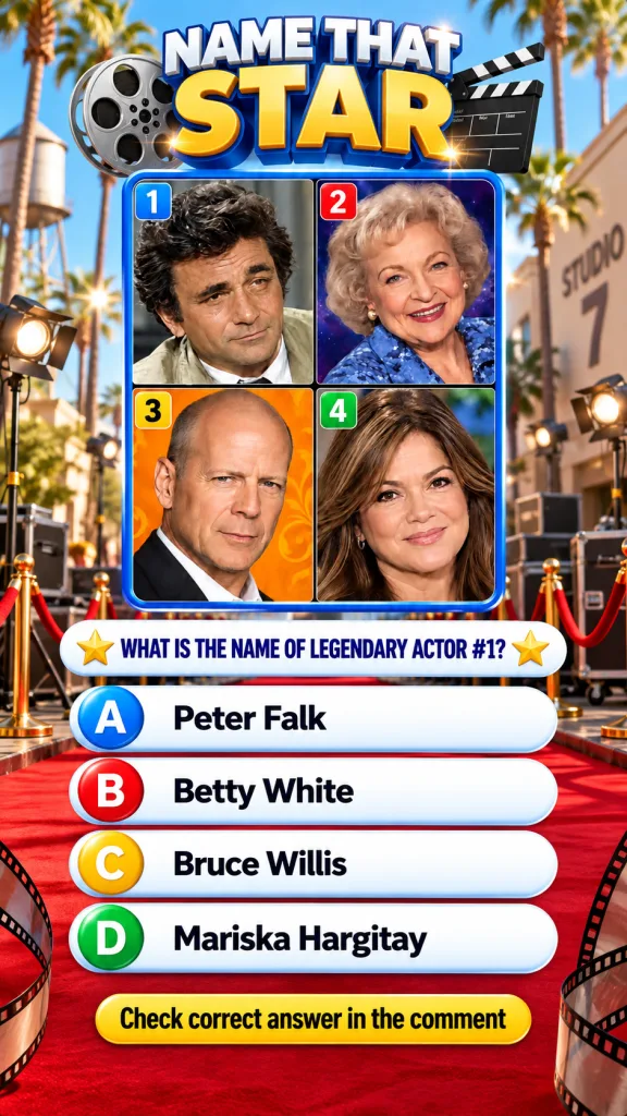 A vibrant mobile quiz game interface titled NAME THAT STAR showing a grid of four legendary actors with a multiple-choic