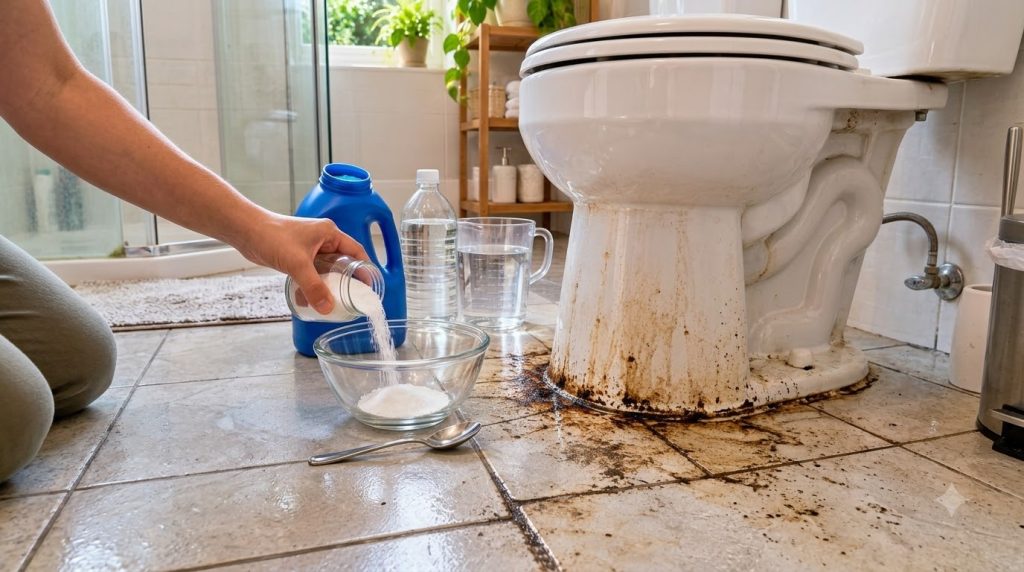 A hand pouring white granular powder from a jar into a clear glass bowl surrounded by a blue detergent bottle a bottle o