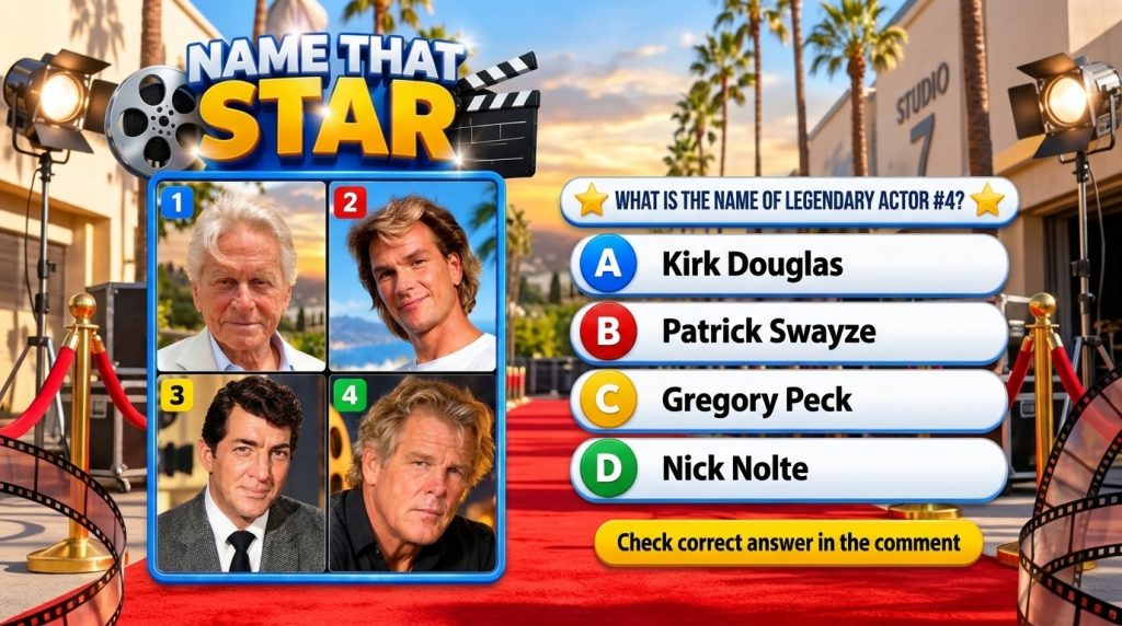 A Name That Star quiz screen featuring headshots of Kirk Douglas Patrick Swayze Dean Martin and Nick Nolte against a Hol