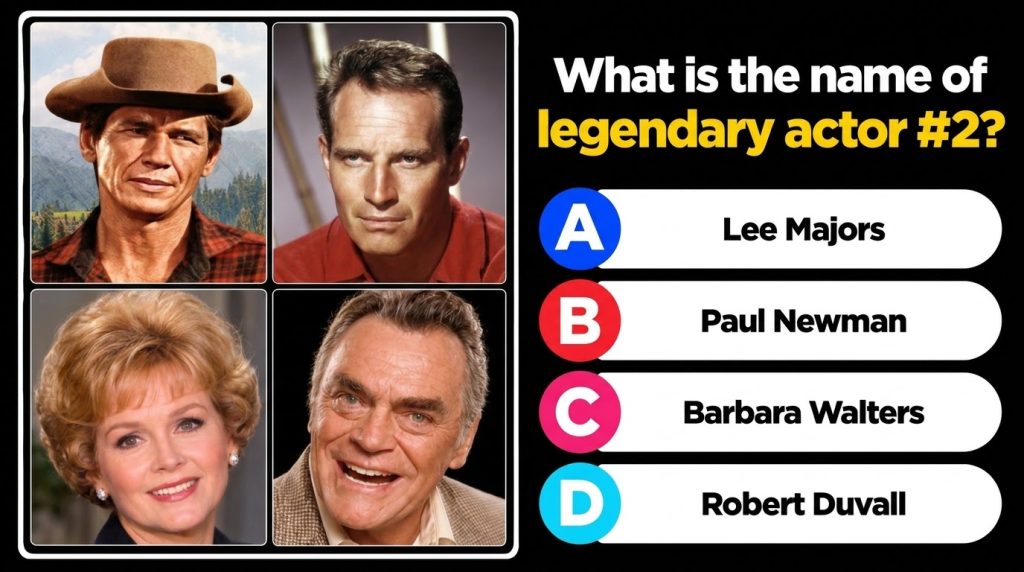 A 2x2 grid of headshots featuring Charles Bronson Charlton Heston Debbie Reynolds and Ernest Borgnine with a quiz questi