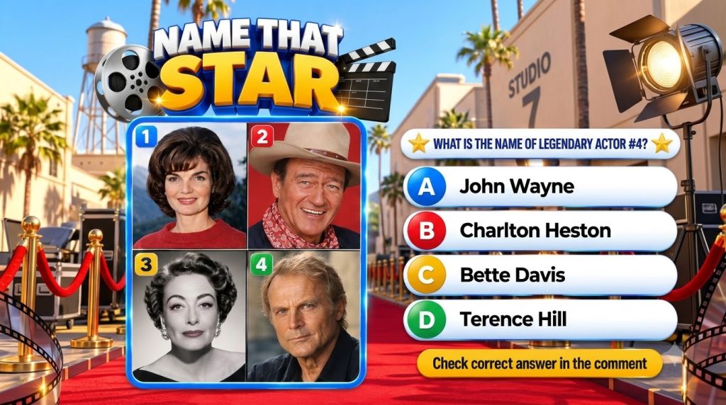 A mobile game quiz interface titled NAME THAT STAR with four portrait photos of famous personalities against a stylized