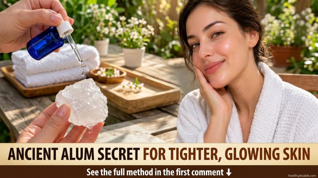 Hands holding alum crystals with a dropper bottle dispensing liquid next to a woman s face with glowing tight skin