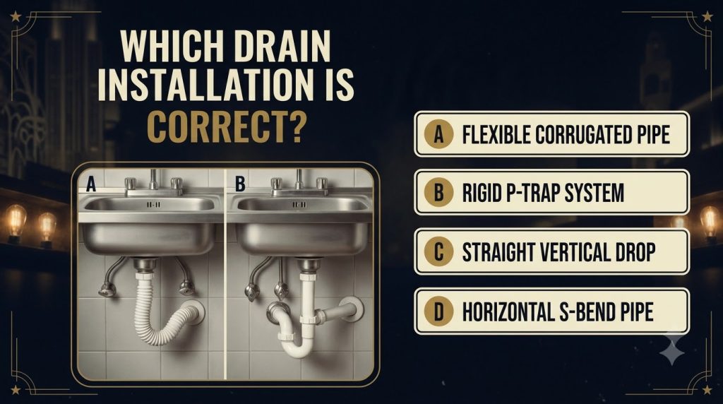 A side-by-side comparison of two kitchen sink drain pipe installations labeled A and B Installation A shows a flexible c