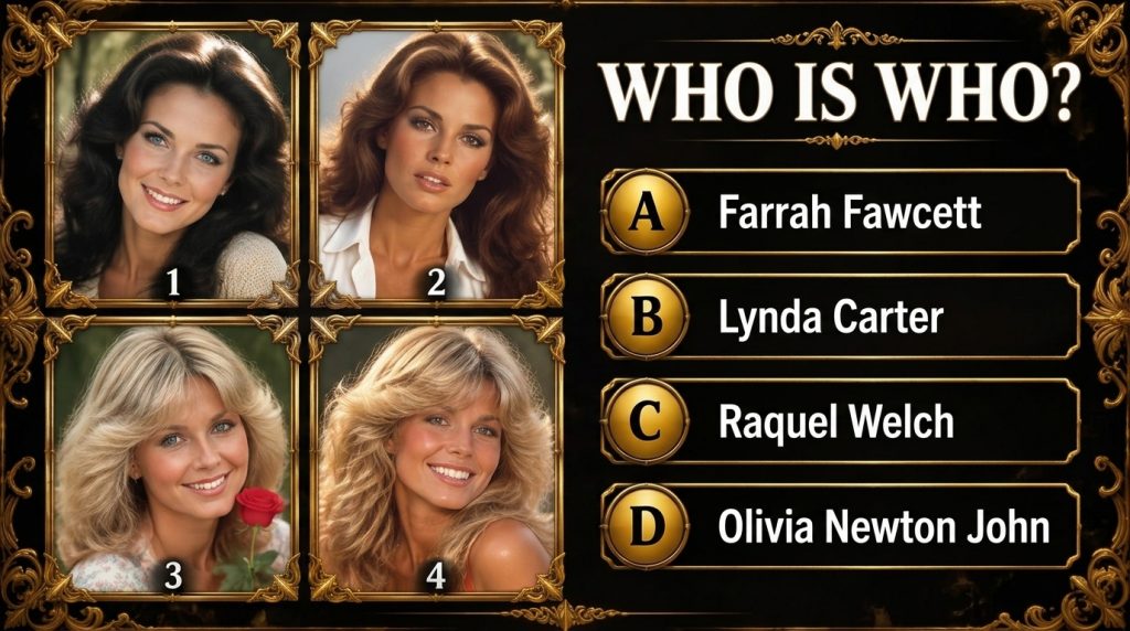 A quiz layout featuring four square portraits of female celebrities from the 70s 80s including Lynda Carter Raquel Welch