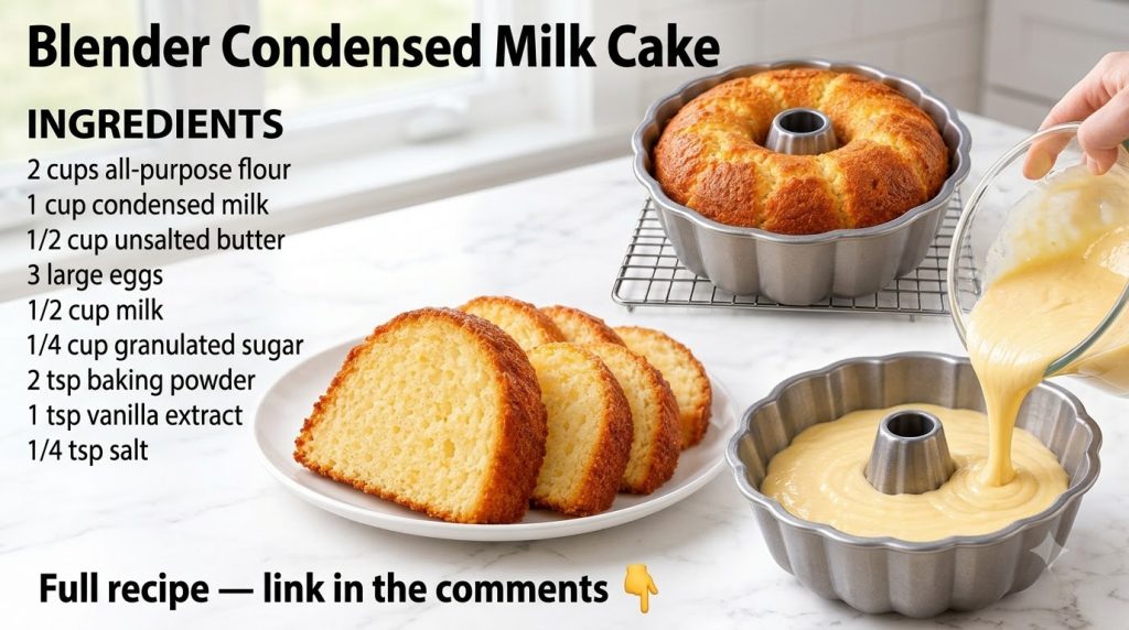 A vibrant infographic displaying the recipe for Blender Condensed Milk Cake with a list of ingredients on a diagonal pan