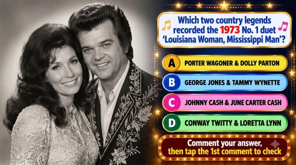 Black and white portrait of Loretta Lynn and Conway Twitty smiling as seen in the quiz card