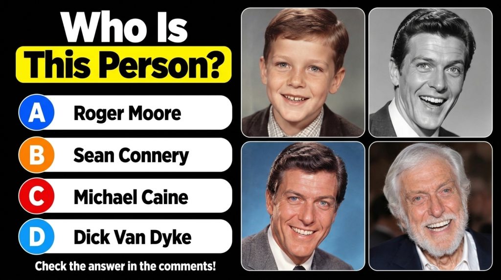 A quiz card showing four portraits of Dick Van Dyke at different ages from childhood to elderly with the question Who Is