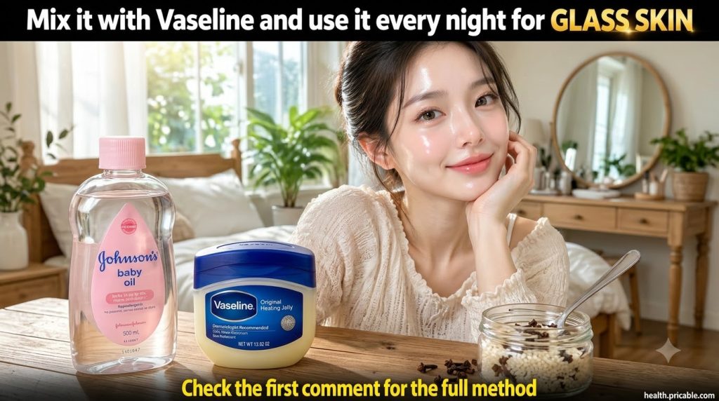 A split image showing a woman with radiant dewy glass skin on one side and the ingredients baby oil petroleum jelly rice
