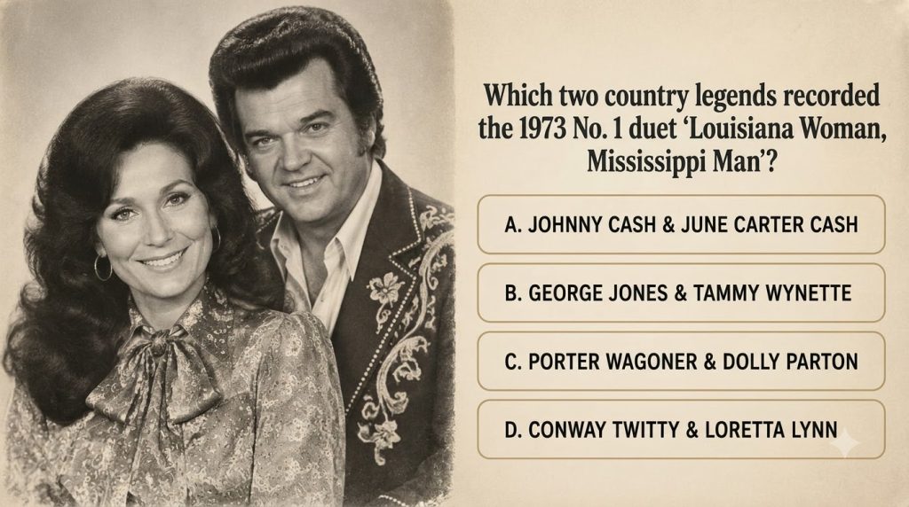 Black and white portrait of Loretta Lynn and Conway Twitty smiling Loretta is in front with wavy hair and hoop earrings 
