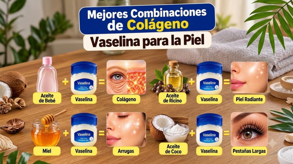 A vertical infographic showing four DIY skincare combinations with Vaseline and natural ingredients baby oil honey casto