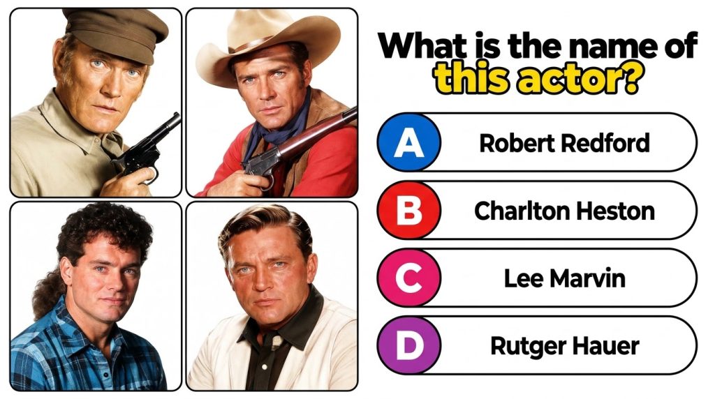 A four-panel quiz featuring headshots of a male actor in different roles e g soldier cowboy with the question What is th