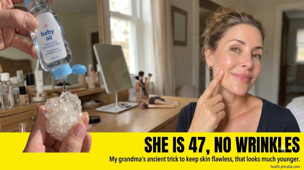 A split-screen image showing baby oil dripping onto a crystal on the left and a woman touching her smooth dewy face on t