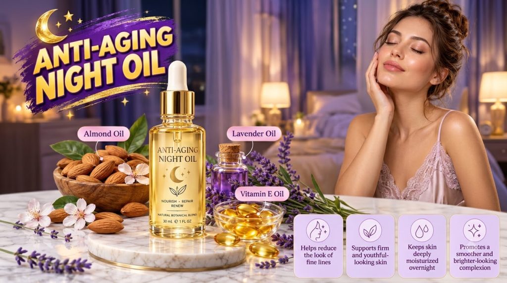 A visually rich composition promoting an ANTI-AGING NIGHT OIL It features a serene woman with closed eyes touching her m