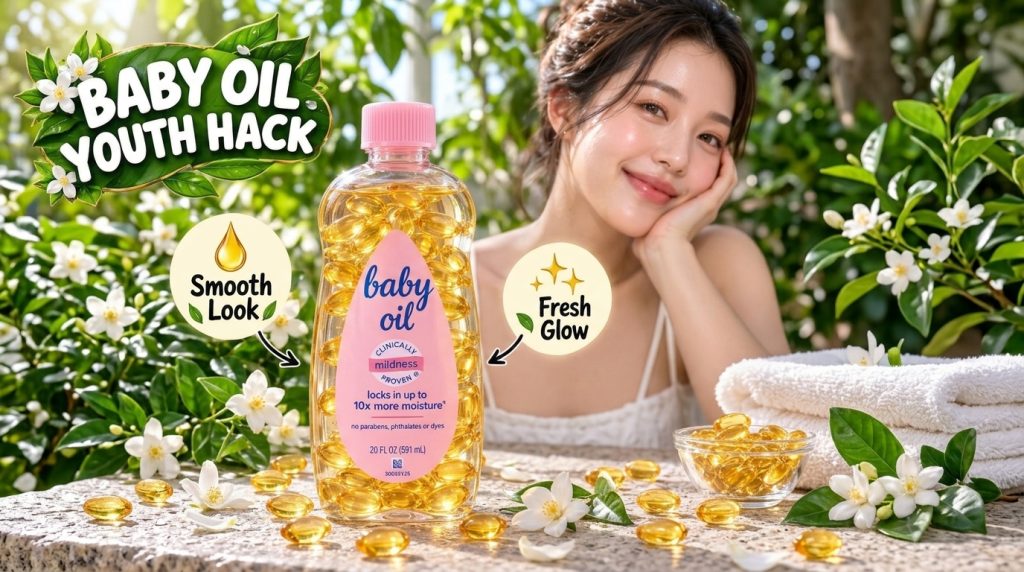 A clear plastic bottle of Johnson s Baby Oil filled with golden capsules surrounded by more capsules In the soft-focus b